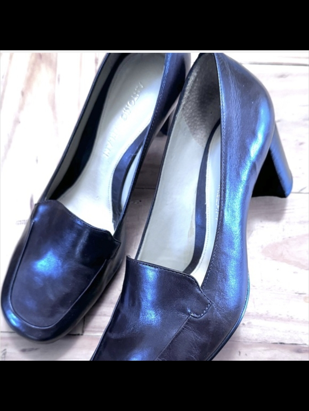 Antonio Melani 7.5W 7 1/2 W Wide, Mid H‑Heel Leather Loafer Pumps in Deep Brown